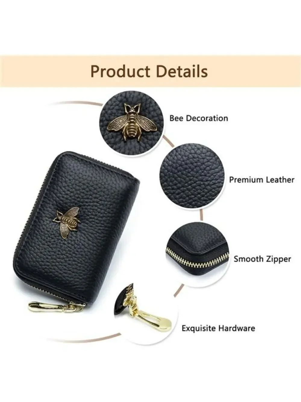 RFID Leather Card Holder Wallet for Women Small Zipper Coin Purse Bee Design